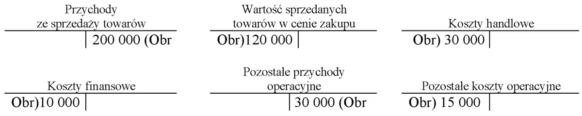 Sześć kont wynikowych z obrotami, m.in. Przychody ze sprzedaży towarów 200 000