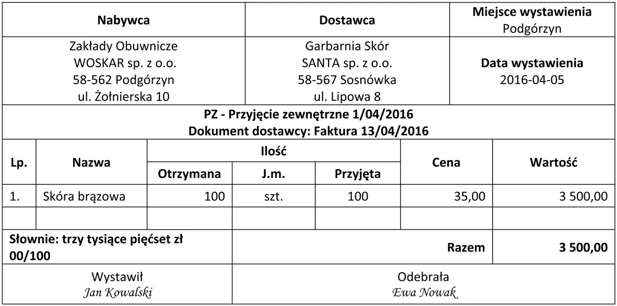 Dowód PZ nr 1/04/2016 Zakładów Obuwniczych WOSKAR - skóra brązowa od Garbarni SANTA