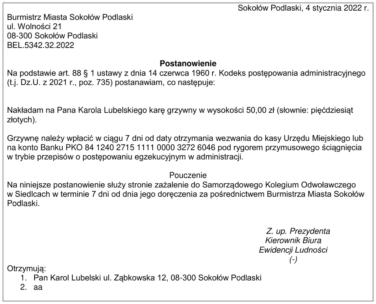 Postanowienie Burmistrza Miasta Sokołów Podlaski o nałożeniu grzywny