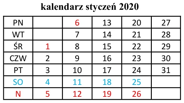 Kalendarz na styczeń 2020 roku