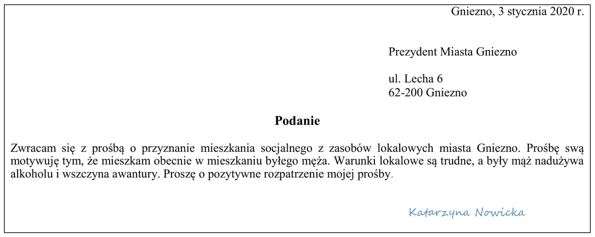 Podanie Katarzyny Nowickiej do Prezydenta Miasta Gniezno