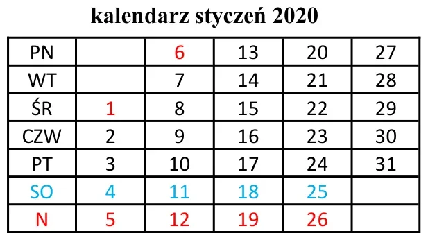 Kalendarz na styczeń 2020 roku