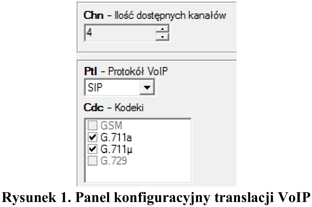 Fragment panelu konfiguracyjnego translacji VoIP z liczbą kanałów, protokołem i kodekami