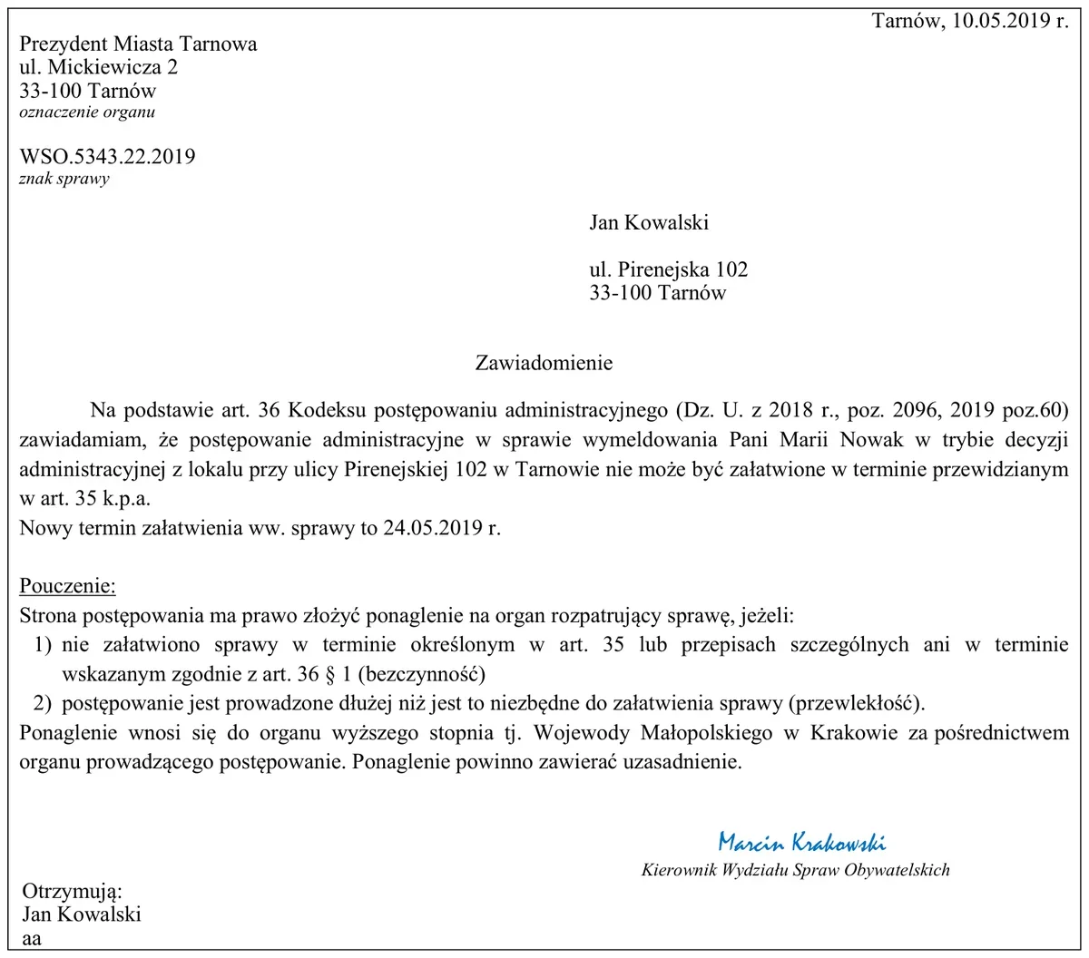 Zawiadomienie Prezydenta Miasta Tarnowa z 10.05.2019 r. o niezałatwieniu sprawy w terminie