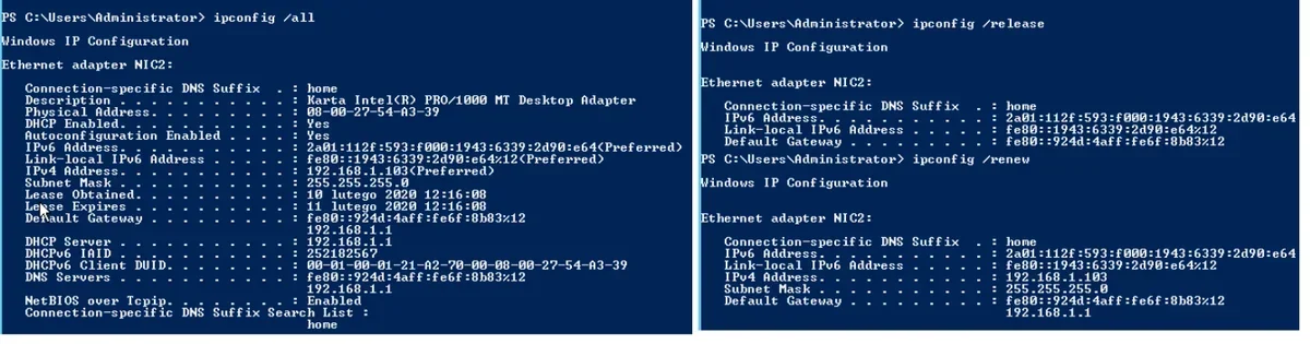 Zrzuty konsoli z wynikami poleceń ipconfig