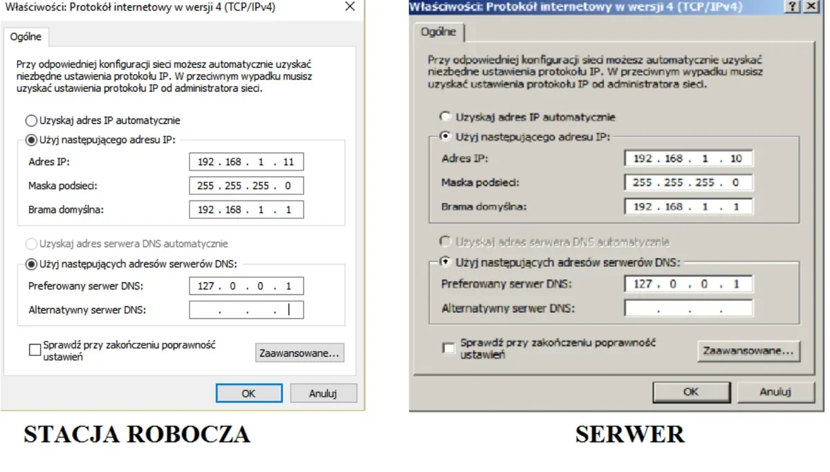 Okna konfiguracji protokołu TCP/IPv4 stacji roboczej i serwera