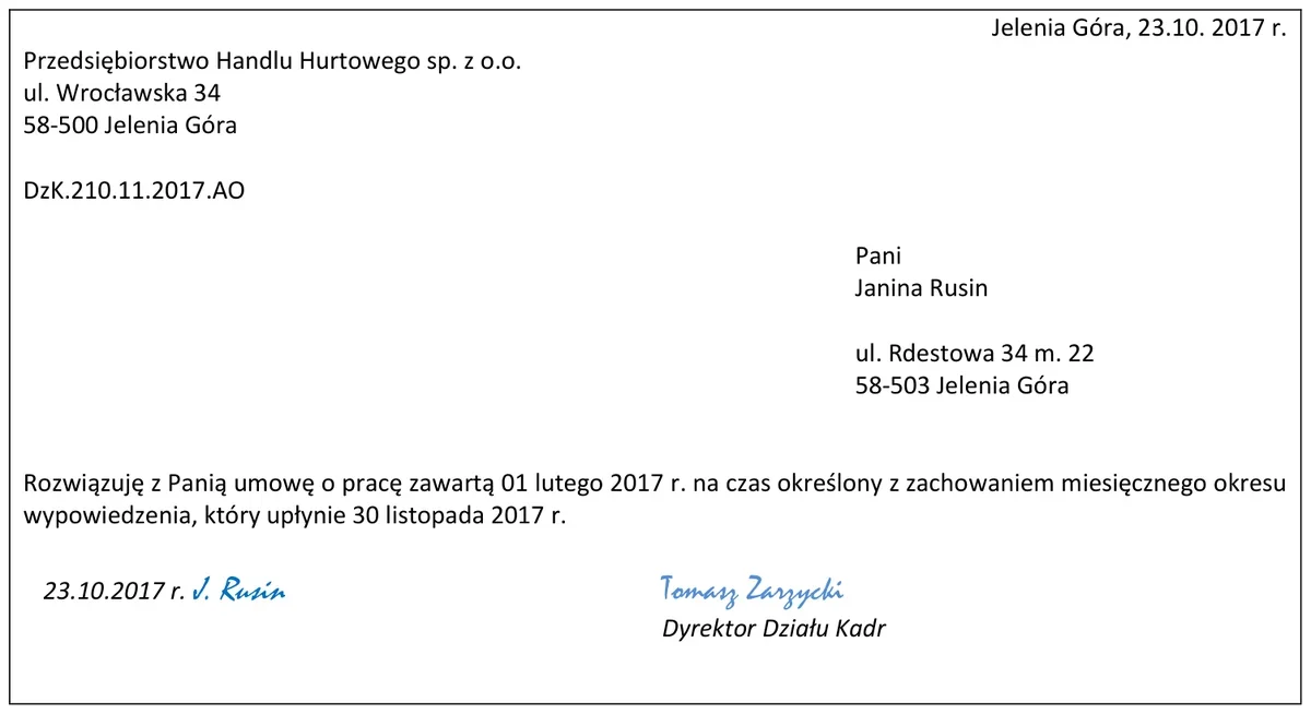 Pismo pracodawcy o rozwiązaniu umowy o pracę z Janiną Rusin