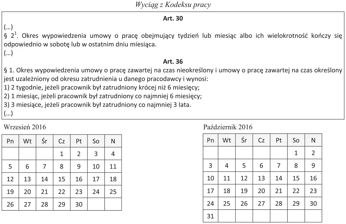 Wyciąg z Kodeksu pracy - art. 30 i 36 oraz kalendarz wrzesień-październik 2016