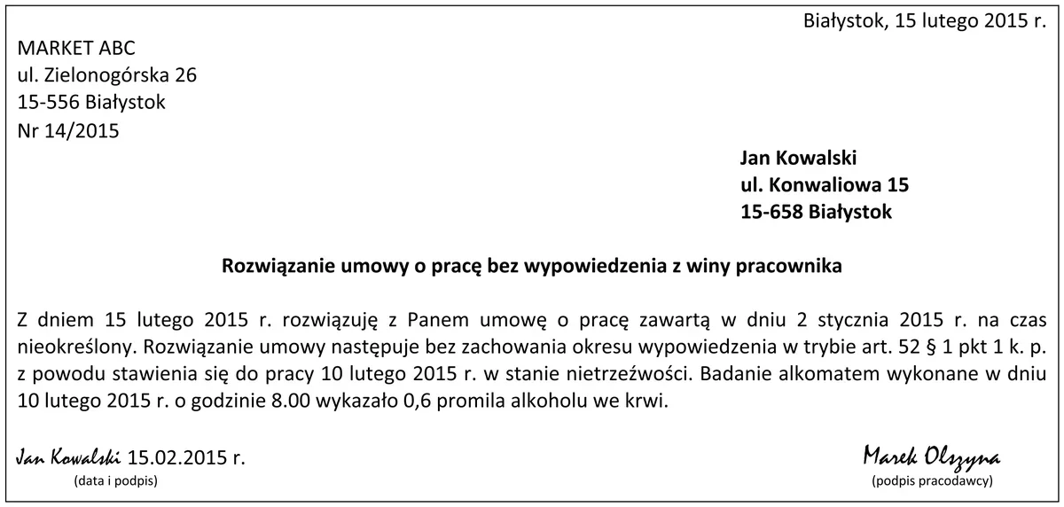 Pismo MARKET ABC o rozwiązaniu umowy o pracę bez wypowiedzenia