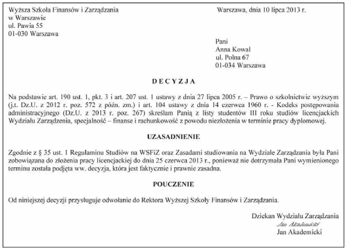 Decyzja Dziekana Wydziału Zarządzania o skreśleniu z listy studentów