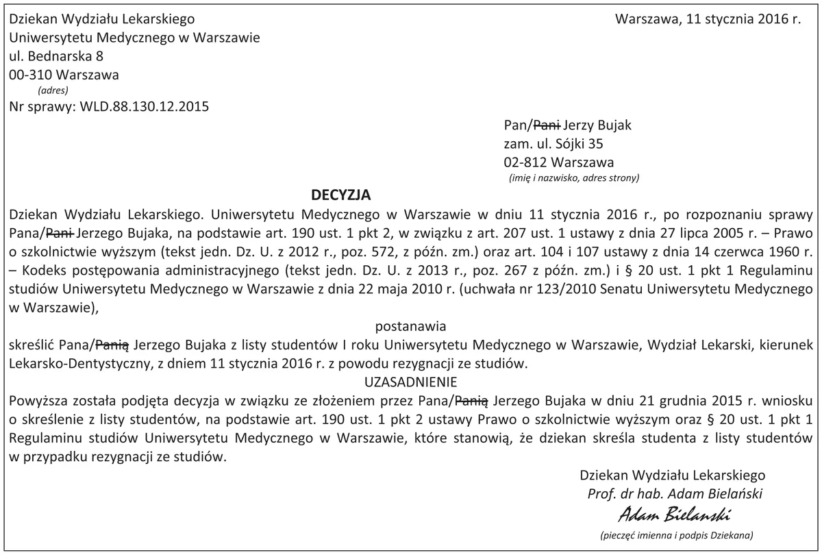Decyzja Dziekana Wydziału Lekarskiego o skreśleniu z listy studentów