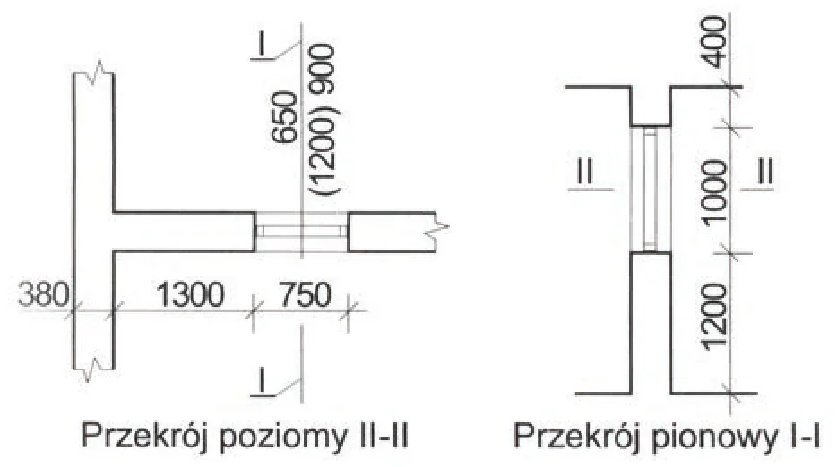 Przekrój poziomy II-II i przekrój pionowy I-I ściany z otworem, wymiary 380, 1300, 750, 400, 1000, 1200