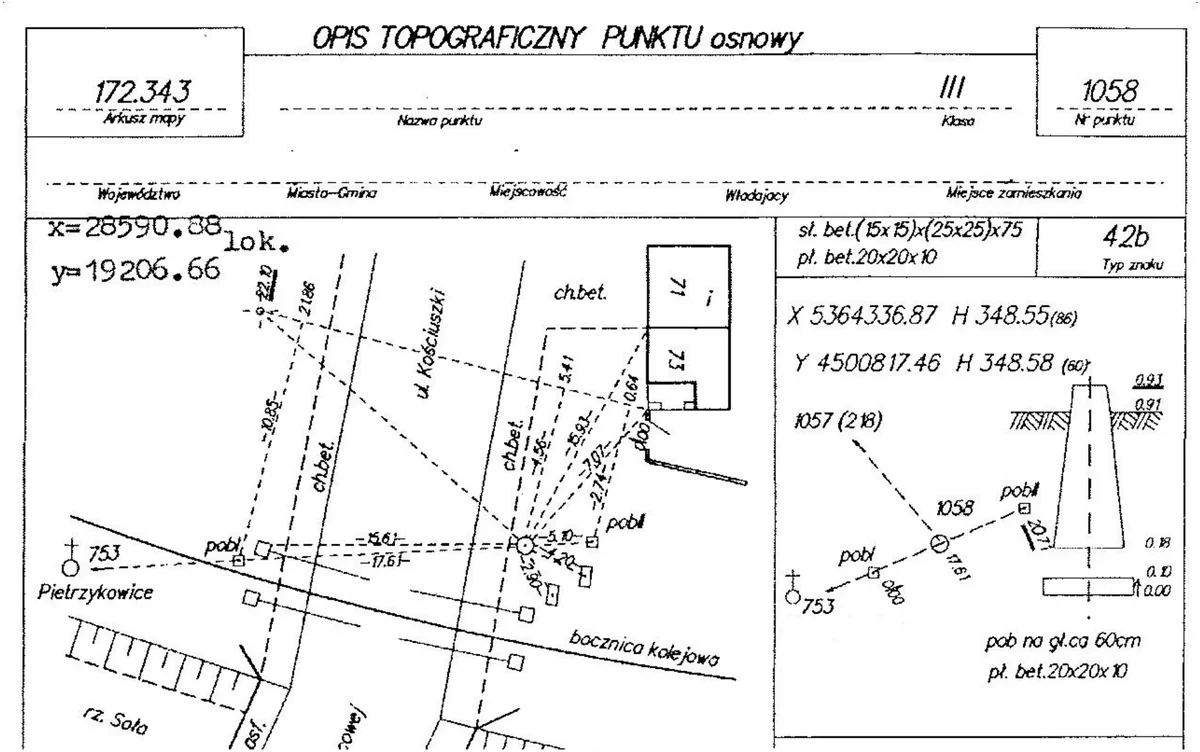 Formularz opisu topograficznego punktu osnowy ze szkicem i współrzędnymi