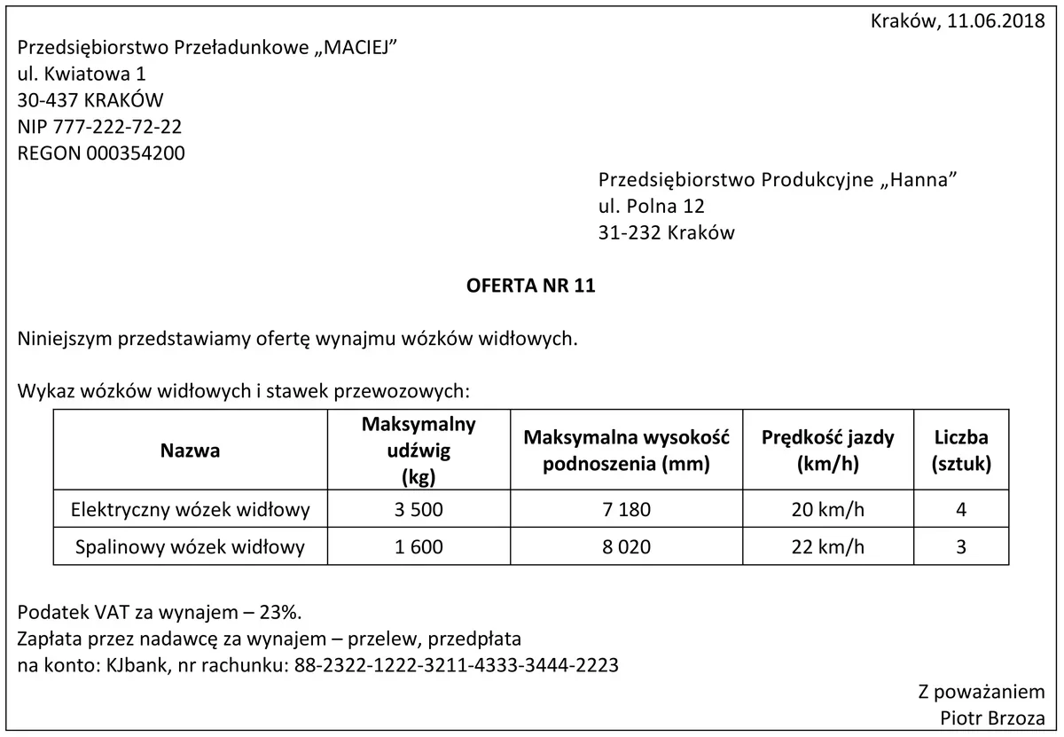 Oferta nr 11 przedsiębiorstwa przeładunkowego na wynajem wózków widłowych z tabelą parametrów