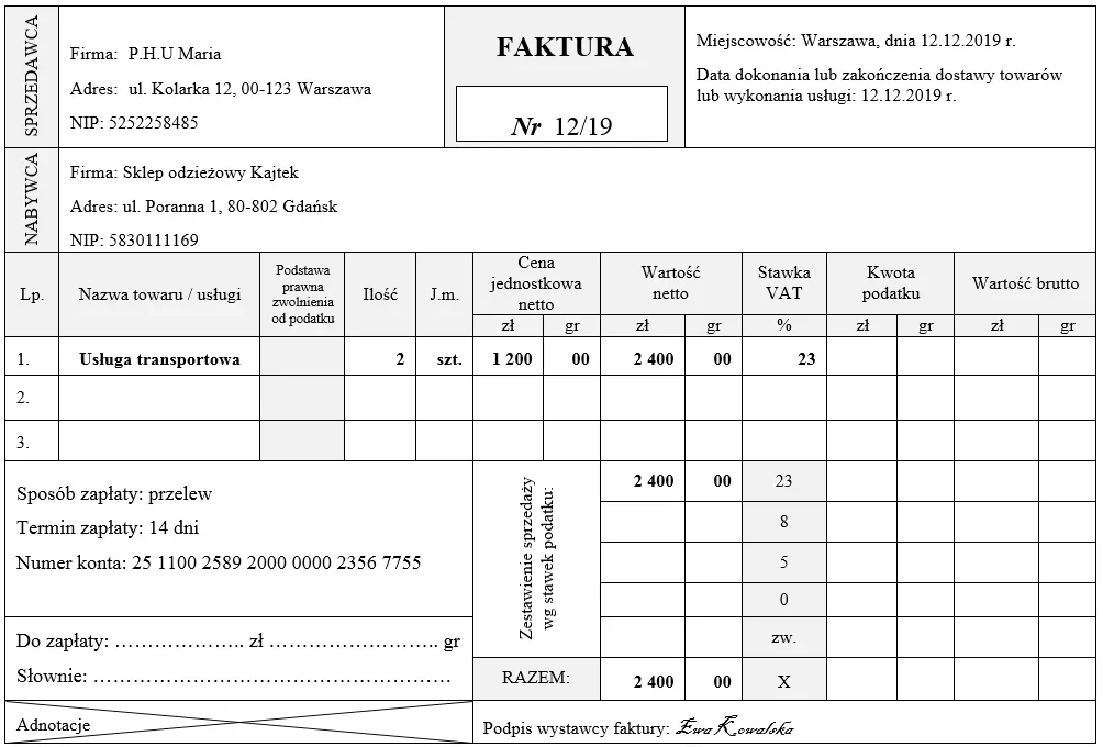 Faktura nr 12/19 za usługę transportową bez wypełnionych kwot podatku