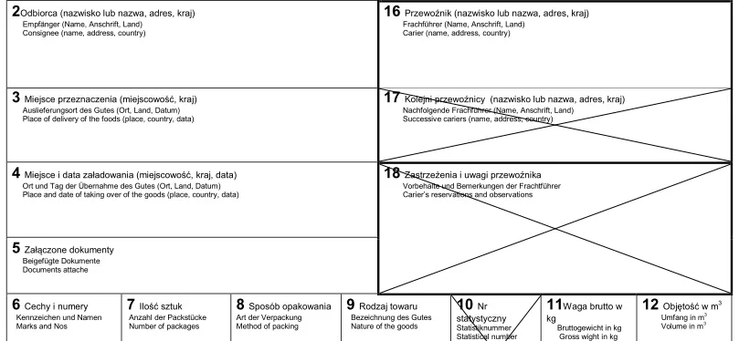 Fragment formularza listu przewozowego z ponumerowanymi polami 2-18
