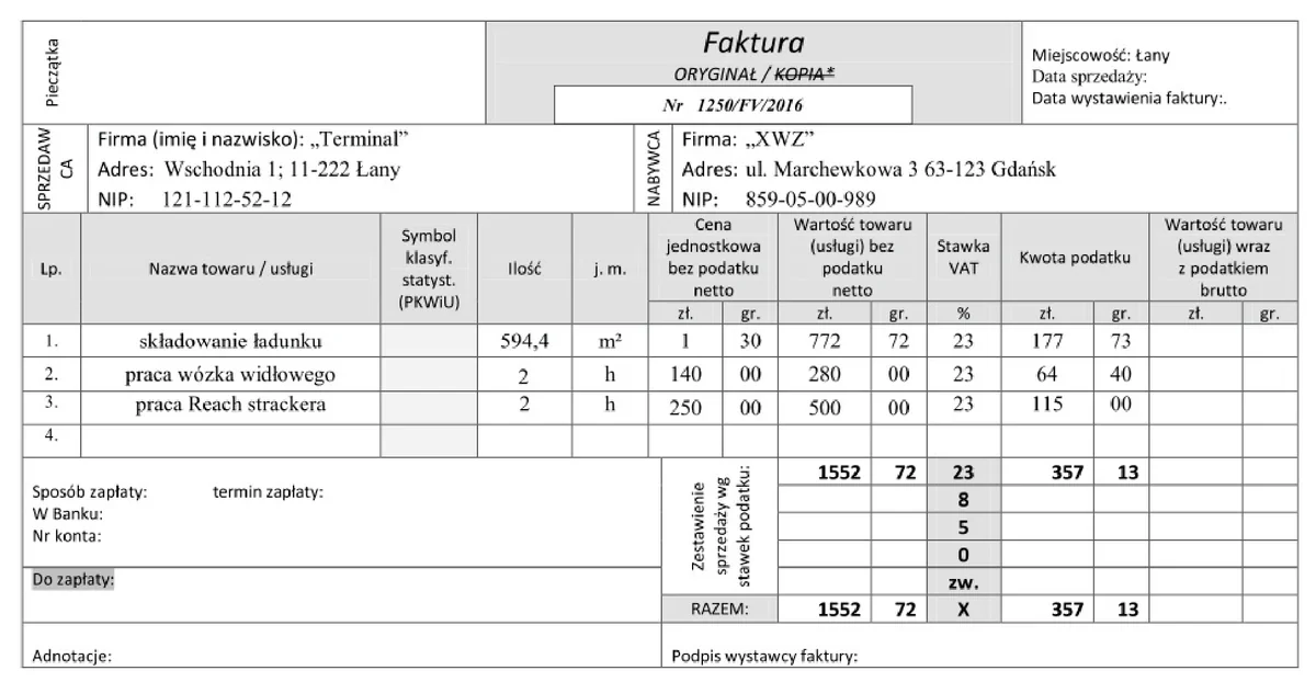 Faktura za składowanie ładunku, pracę wózka widłowego i reach stackera