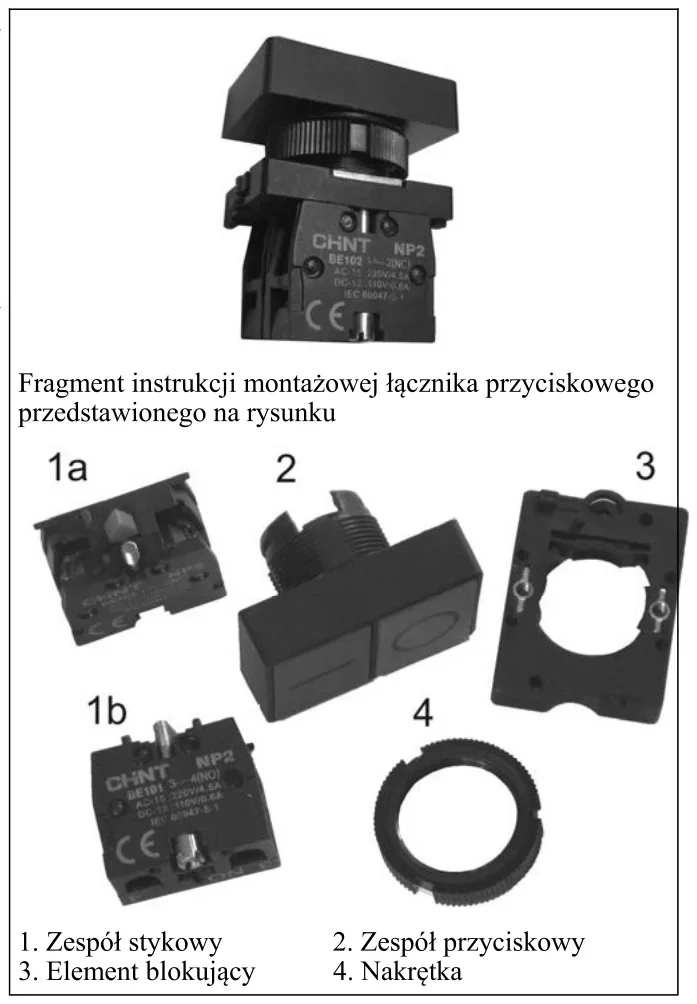 Fragment instrukcji montażowej łącznika przyciskowego z elementami 1a, 1b, 2, 3 i 4