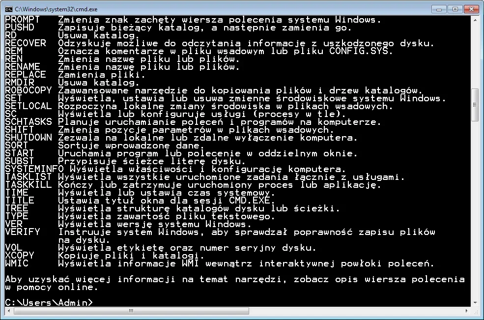 Zrzut okna programu cmd.exe z opisami poleceń systemu Windows