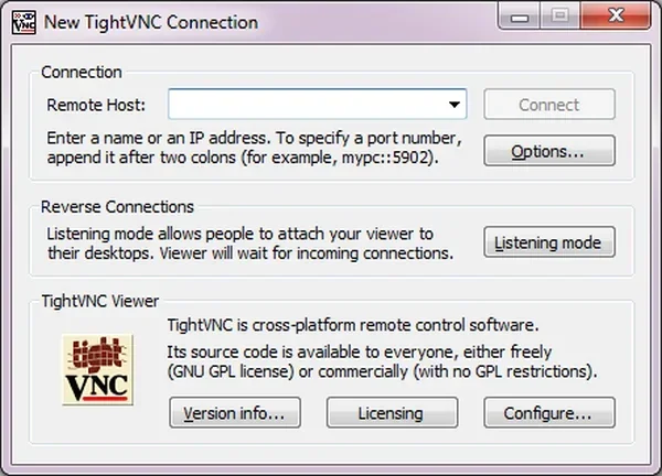 Okno New TightVNC Connection z polem Remote Host