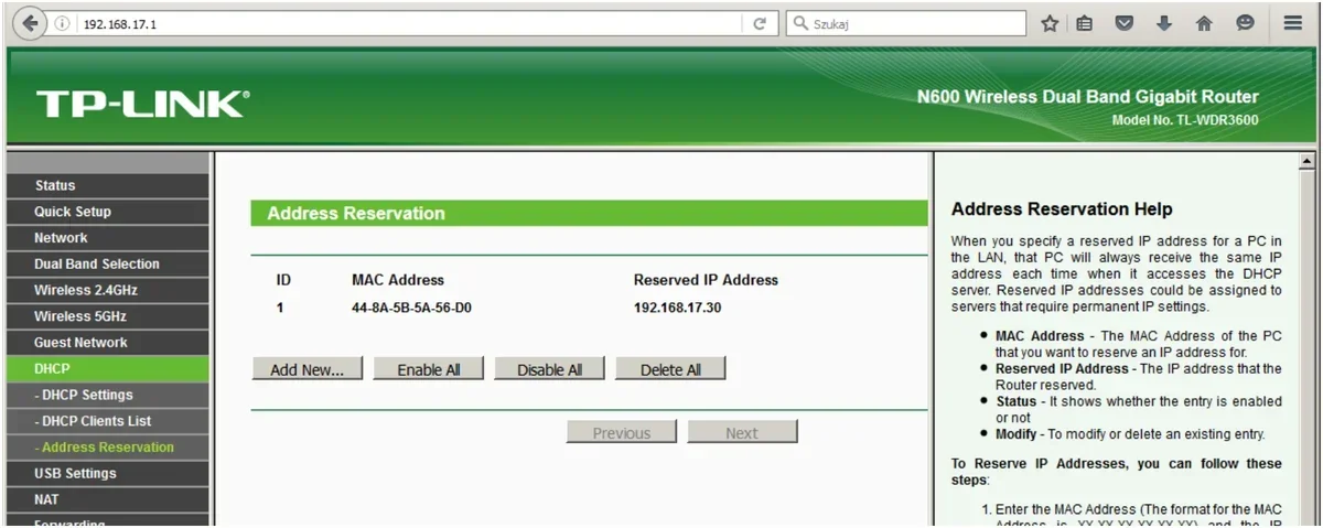 Okno konfiguracji rutera TP-LINK, zakładka Address Reservation
