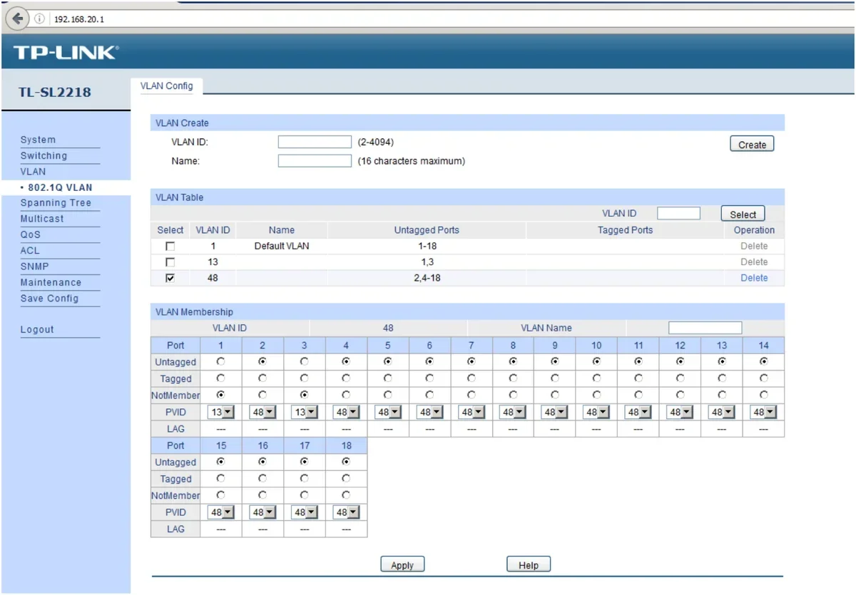 Okno konfiguracji przełącznika TL-SL2218, zakładka 802.1Q VLAN
