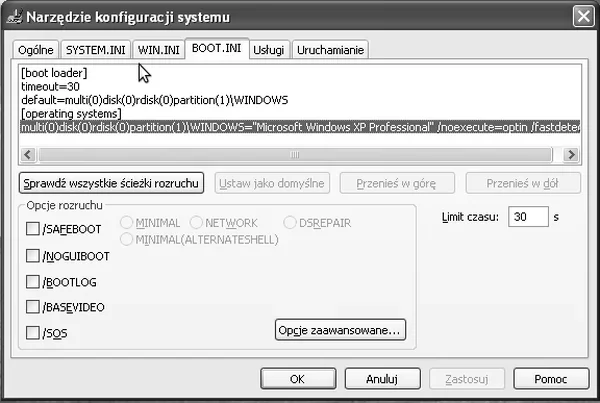 Okno Narzędzie konfiguracji systemu, zakładka BOOT.INI