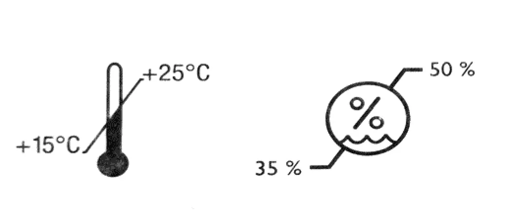 Dwa symbole: termometr z wartościami +15°C i +25°C oraz symbol wilgotności z wartościami 35% i 50%