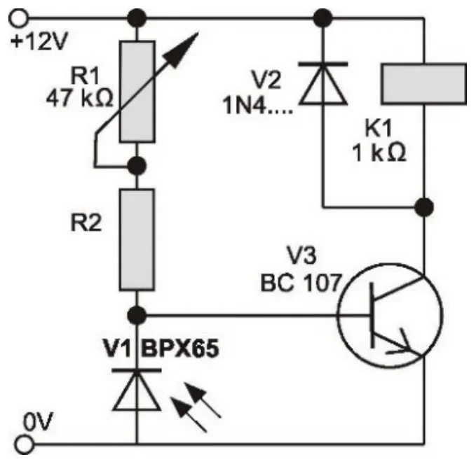 Schemat układu z fotodiodą BPX65, tranzystorem BC107 i przekaźnikiem K1