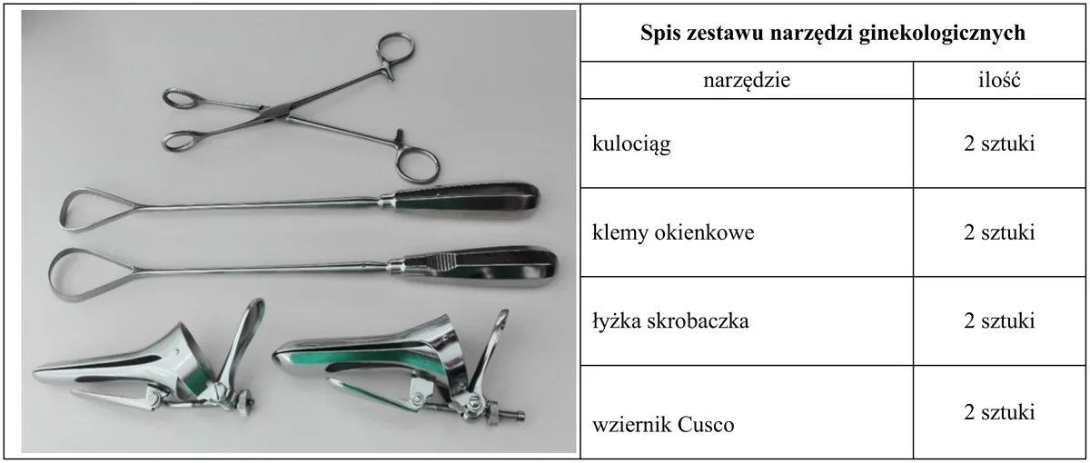 Zdjęcie zestawu narzędzi obok tabeli ze spisem zestawu narzędzi ginekologicznych