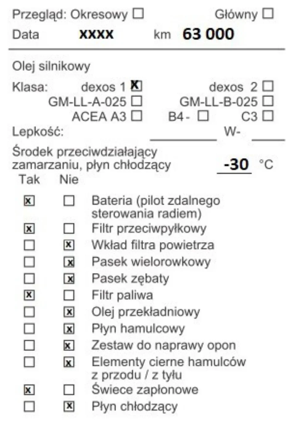 Karta przeglądu okresowego z zaznaczonymi pozycjami Tak i Nie