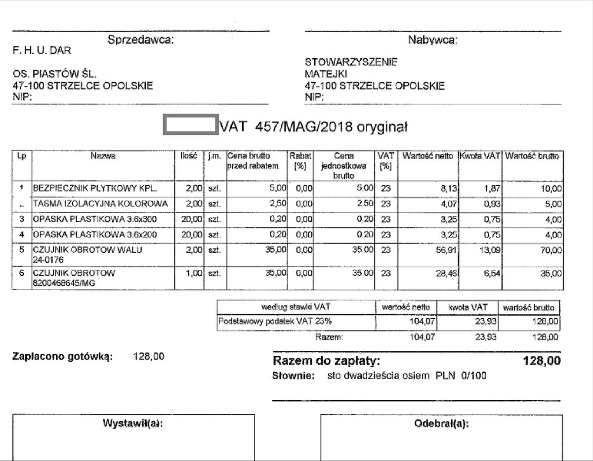 Dokument z danymi sprzedawcy, nabywcy i pozycjami towarowymi