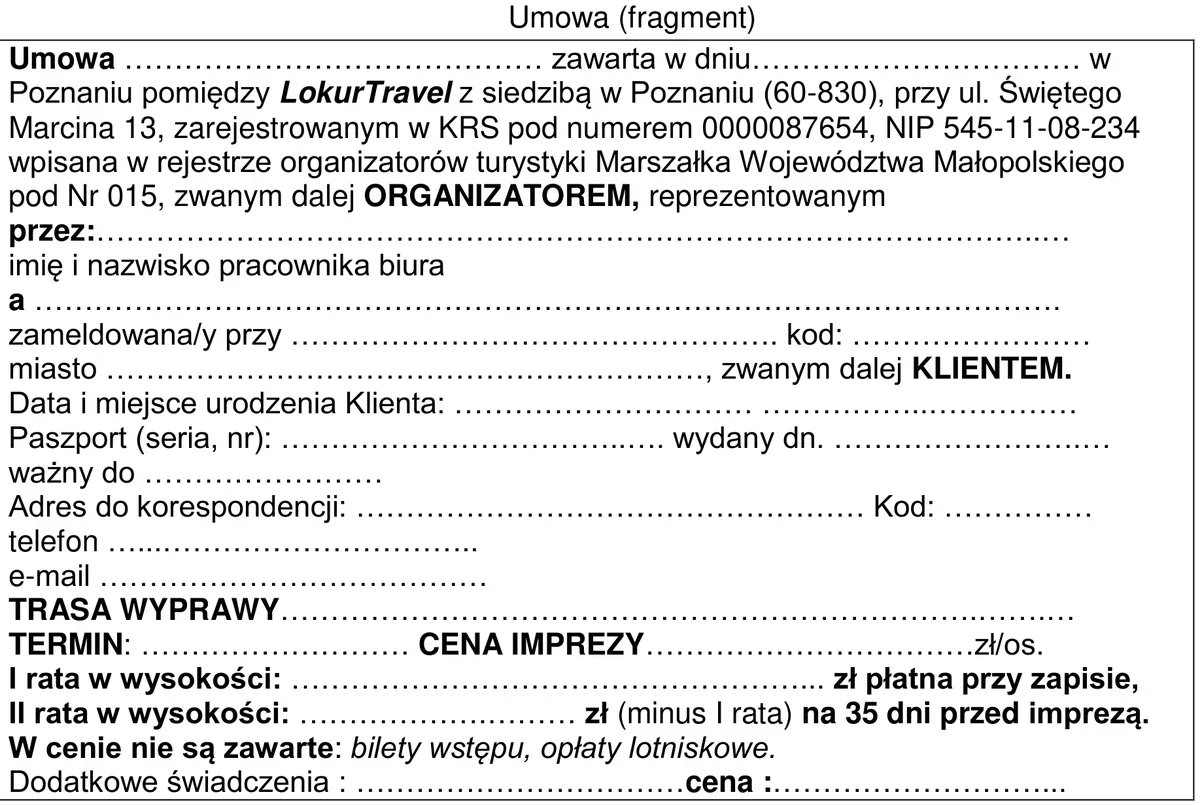 Fragment umowy między organizatorem LokurTravel a klientem z polami do wypełnienia