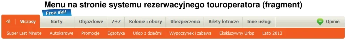 Menu na stronie systemu rezerwacyjnego touroperatora z zakładkami i podmenu