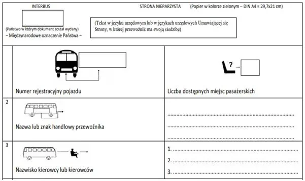 Fragment druku INTERBUS z polami na numer rejestracyjny, przewoźnika i kierowców