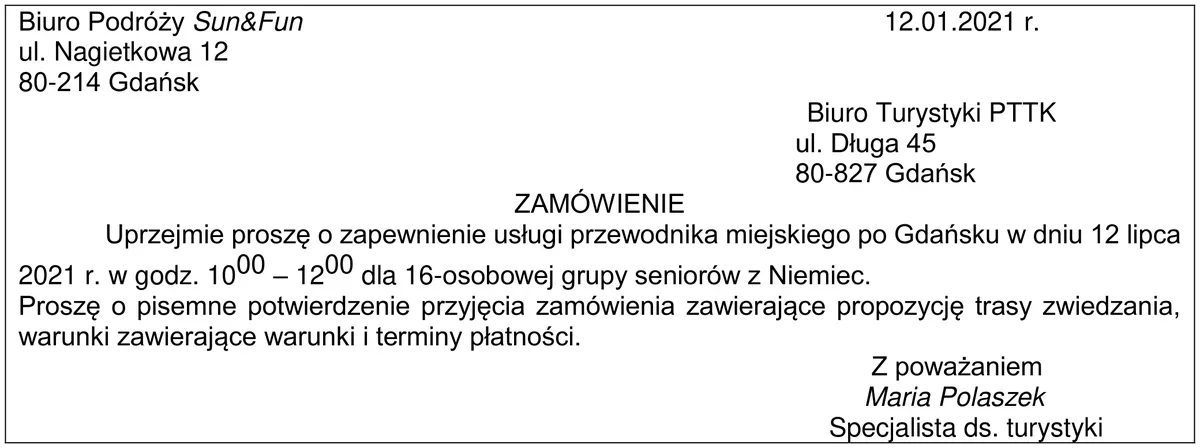 Pismo biura podróży Sun&Fun do Biura Turystyki PTTK w Gdańsku