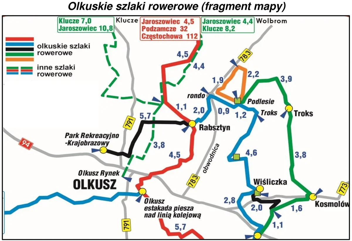Fragment mapy olkuskich szlaków rowerowych z odległościami w kilometrach