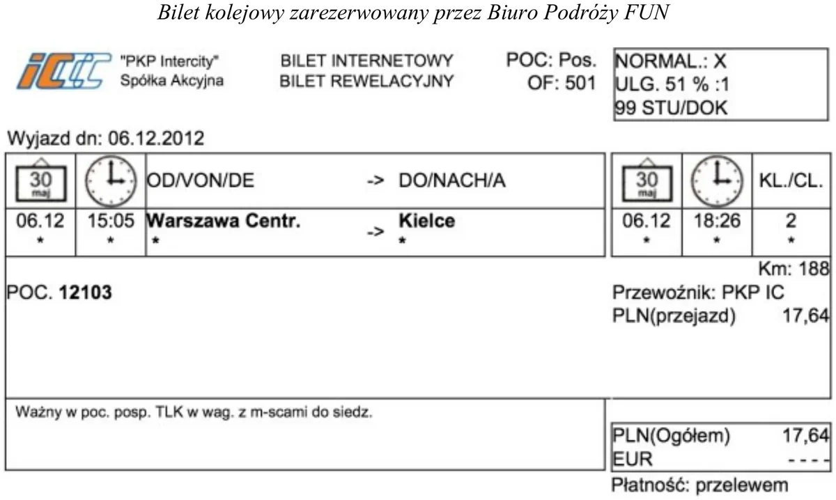 Bilet kolejowy PKP Intercity zarezerwowany przez Biuro Podróży FUN