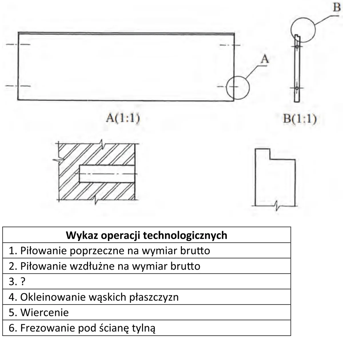 Rysunki elementu płytowego ze szczegółami A i B oraz wykaz operacji technologicznych