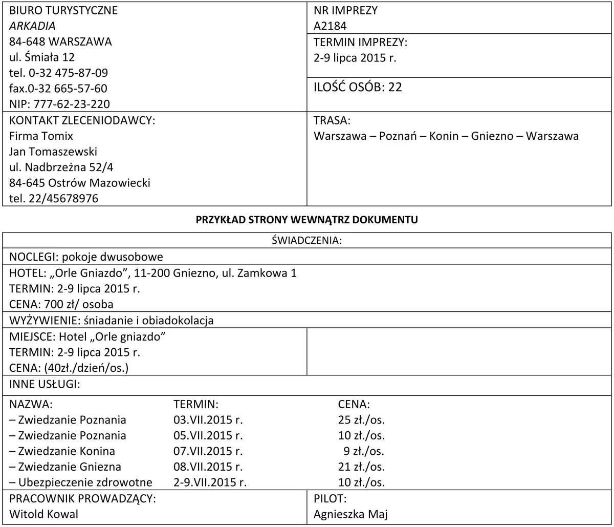 Dokument biura turystycznego Arkadia dla imprezy A2184 z wykazem świadczeń