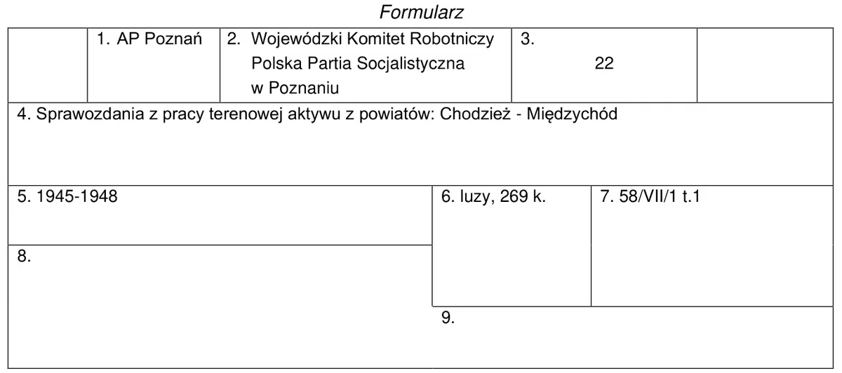 Formularz z wypełnionymi rubrykami: AP Poznań, Wojewódzki Komitet Robotniczy PPS, sprawozdania 1945-1948