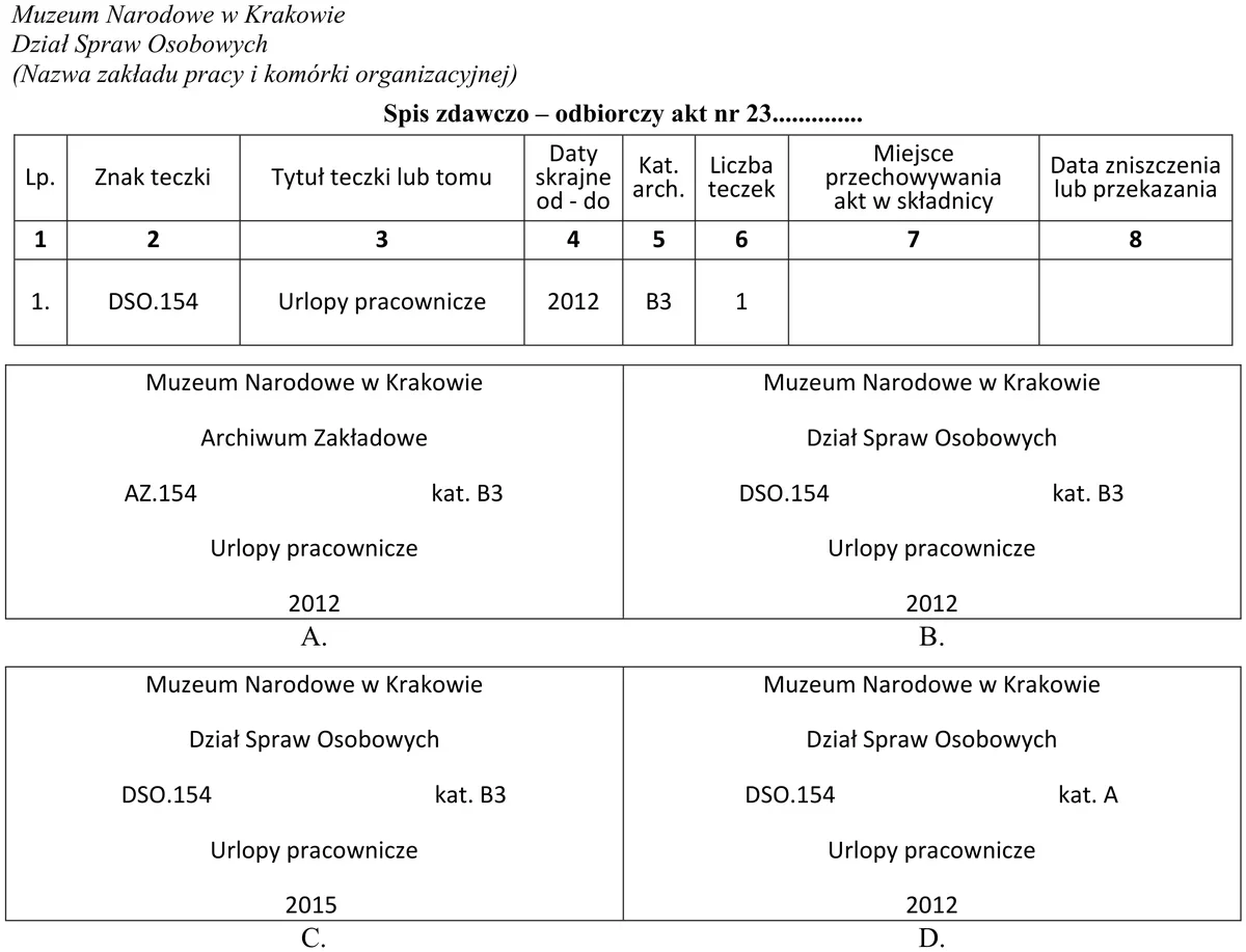 Spis zdawczo-odbiorczy akt nr 23 Działu Spraw Osobowych Muzeum Narodowego w Krakowie i cztery opisy teczki oznaczone literami A-D