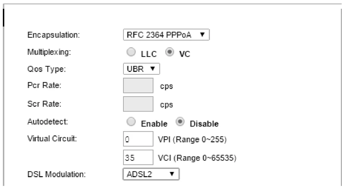 Zrzut ekranu parametrów konfiguracyjnych modemu ADSL