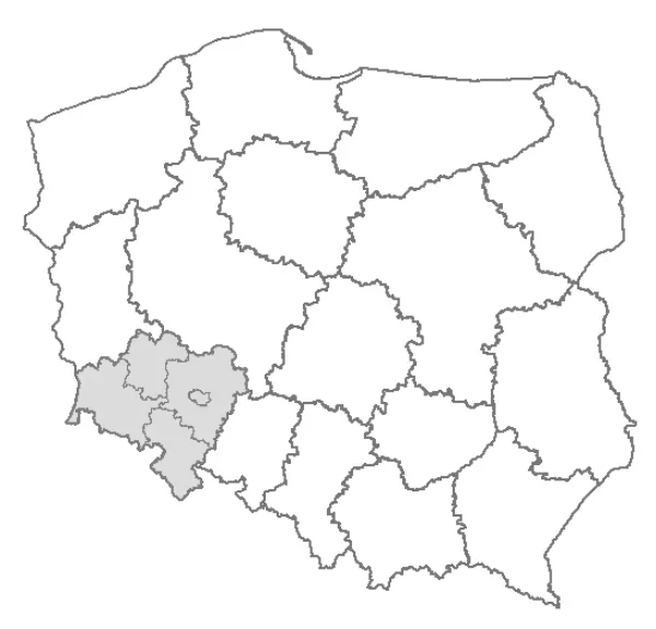 Mapa konturowa Polski z zaznaczonym jednym województwem