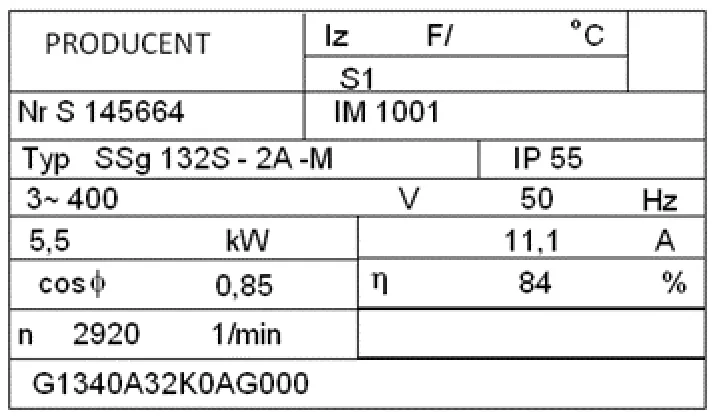 Tabliczka znamionowa silnika SSg 132S-2A-M: 5,5 kW, 3~400 V, 50 Hz, 11,1 A, cos φ 0,85, η 84%, n 2920 1/min, IP 55, S1