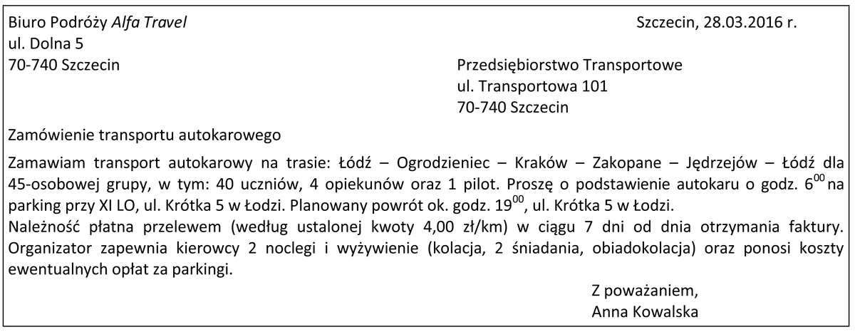 Pismo biura podróży z zamówieniem transportu autokarowego dla grupy