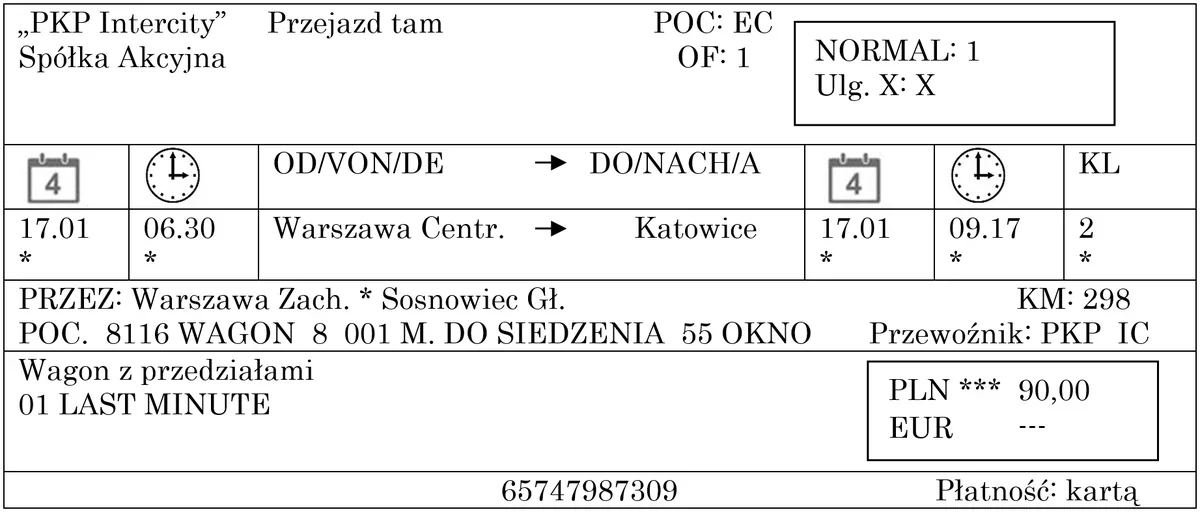 Bilet PKP Intercity z Warszawy Centralnej do Katowic