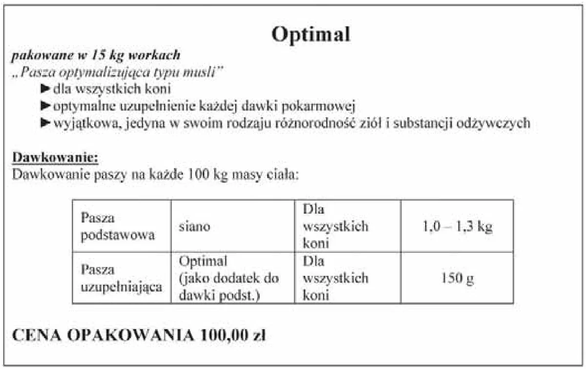Opis paszy uzupełniającej Optimal z dawkowaniem i ceną opakowania