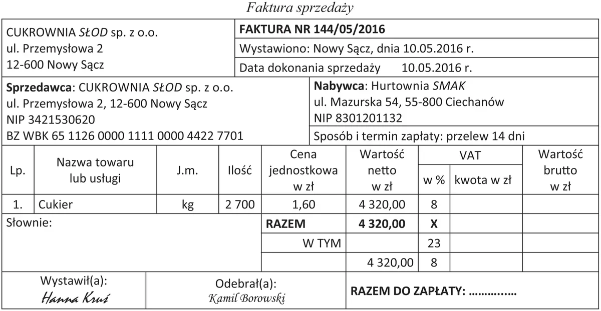 Faktura sprzedaży nr 144/05/2016 Cukrowni Słod z niewypełnioną kwotą do zapłaty