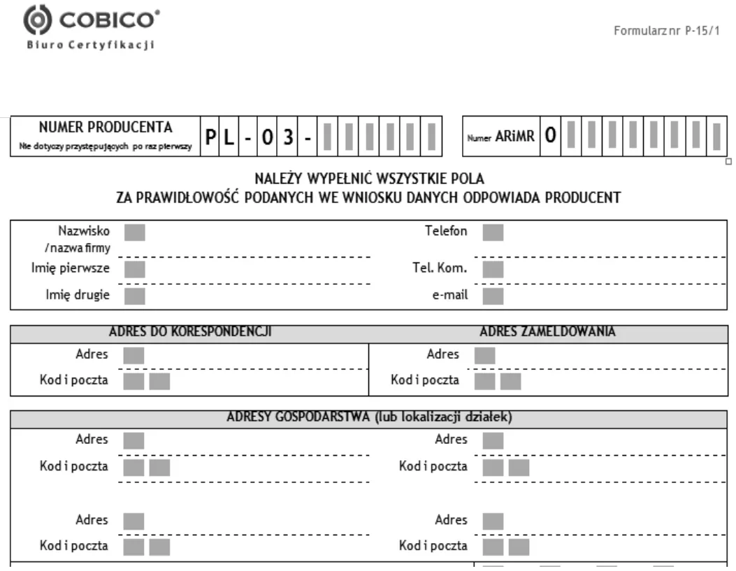 Fragment formularza COBICO P-15/1 z danymi producenta